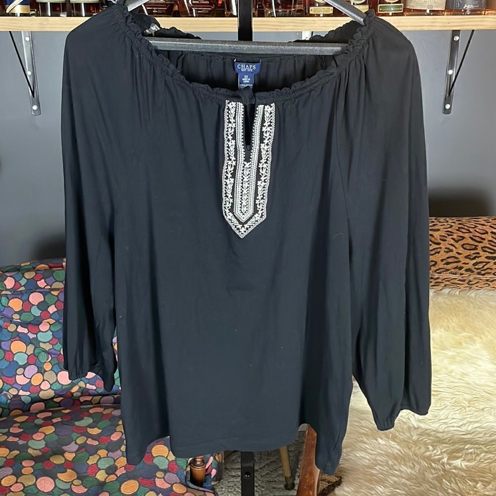 CHAPS black boho embroidered tie neck half sleeve top sz 1X